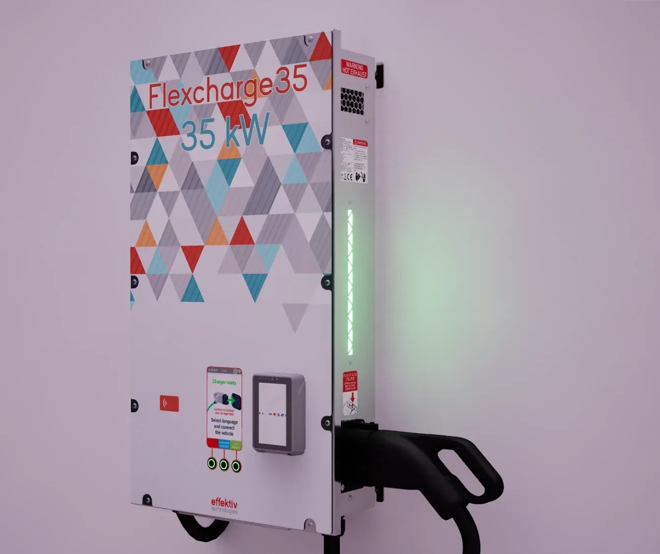Borne de recharge Flexcharge35 fixée au mur : façade à motif de triangles, écran, lecteur de badge, terminal de paiement et câble CCS2